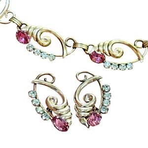De Curtis Pink Rhinestone Choker & Screw Back Earrings 1/20 12k Gold Filled